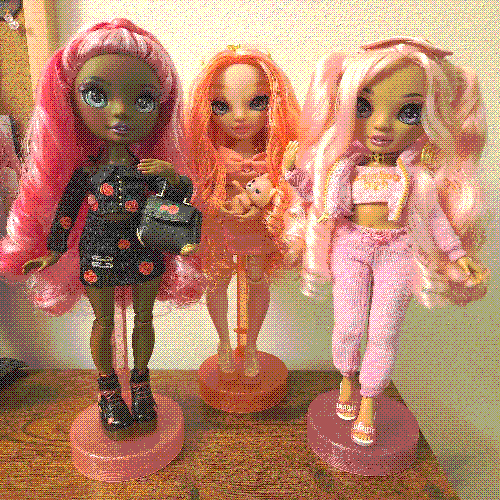 photograph of a shelf of three rainbow high dolls