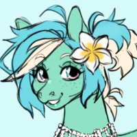 a cartoon blue and blonde horse with flower in her hair smiling. illustration.