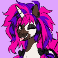 a cartoon brown and white unicorn with wild purple hair winking with her tongue out. illustration.